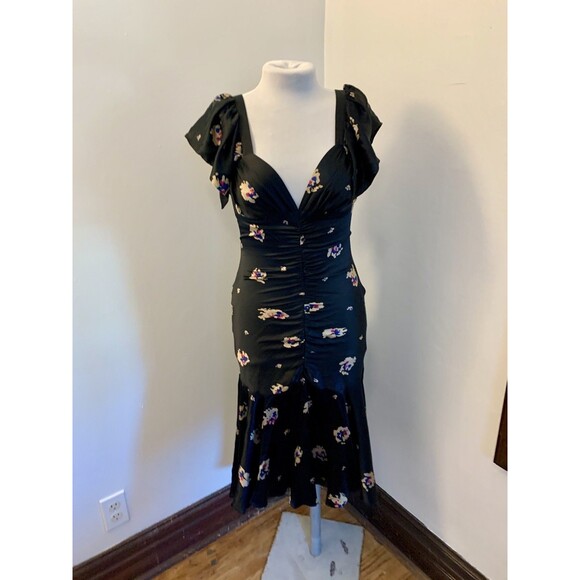VTG Betsey Johnson 90 2000 y2K Silk Floral Midi Slip Dress Flutter Ruched 6 Blk - Picture 7 of 15